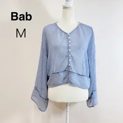 【限定価格1／26まで】美品 Bab 2WAYカーディガントップス ブルー 前後2WAY シアーカーディガン フレアスリーブ ショート丈 透け感 カーディガン フェミニン M