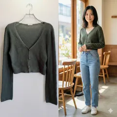 美品✨ ジーユー GU シアークロップドカーディガン クロップド丈 ショート丈 長袖 Vネック 薄手 シアー リブニット タイト 羽織り Y2K 平成 レトロ 韓国 ファッション トレンド フェミニン 大人可愛い シンプル くすみカラー 緑 カーキ 小さめ