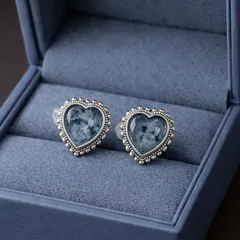 【選べる2石】二色展開 ハートピアス｜アクアマリン／ガーネット｜S925 プラチナコーティング｜上品アンティーク調 ミル打ち 個性的