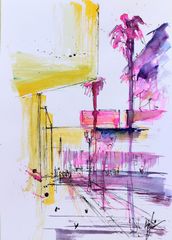 原画#235 黒猫 ラスベガス 水彩画 ドローイング インテリア アート