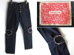 美品 90sビンテージ Christopher Nemeth クリストファーネメス クラッシュ加工 赤ステッチ 立体裁断 デニムパンツ S インディゴ リジッドのサムネイル