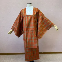 道中着　羽織　着物　格子　オレンジ　二部式　和装コート　リサイクル着物　c-906
