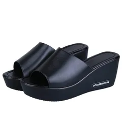 [G-tiamo] [ジーティアモ] 厚底 サンダル レディース ミュール ウェッジ ソール 美脚 5cm ヒール オフィス 黒