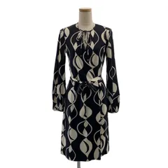 【美品】  DIANE VON FURSTENBERG / ダイアンフォンファステンバーグ | silk 100％ / シルク 総柄 ベルテッド ボリュームスリーブ ドレス ワンピース | 2 | ブラック/ホワイト | レディース