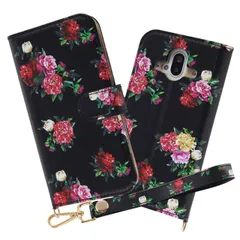 らくらくスマートフォン F-52B ケース 花柄 ブラック 手帳型カバー クリアポケット フラワー ハンドストラップ ルーペ付 収納ポケット かわいい 可愛い おしゃれ オシャレ シンプル レイ・アウト 【ゆうパケットにて発送】【７日以内発送】