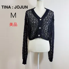 【限定価格1／26まで】美品 TINA:JOJUN 前後2WAY テープヤーンカーディガン ショートカーディガン クロップド丈 ショート丈 ネイビー ロングスリーブ メッシュ編み M