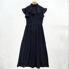 SAISON DE PAPILLON セゾンドパピヨン フリルカラー ロング丈 ワンピース ウエストマーク 裏地付 きれいめ ブラック Mサイズ □〇