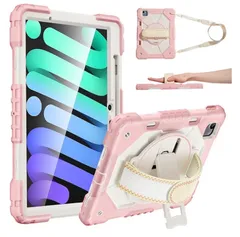 iPad mini 7/mini 6専用ケース 耐衝撃 ペンホルダー フィルム付き前面カバー 横置き縦置きスタンド 360度回転ハンドストラップ