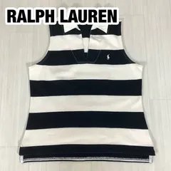 RALPH LAUREN ラルフローレン ボーダー ノースリーブ ポロシャツ カットソー トップス L ブラック& ホワイト 刺繍ポニー インパクト21 着丈56cm 肩幅29.5cm 身幅(脇下)43.5cm【古着】