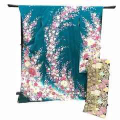 京やD034 正絹 振袖 絹100％ 大きなサイズ トールサイズ 裄長め 身丈170cm 裄69cm ガード加工済み 銀通し 浅葱色 正絹振袖 正絹袋帯 正絹長襦袢 3点セット 桜 牡丹 薔薇 ローズ  成人式 晴れ着 帯付き 長襦袢付き 結婚式 卒業式