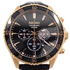 SEIKO セイコー 海外モデル ソーラー クロノグラフ メンズ 腕時計 ピンクゴールド色 黒文字盤 純正革ベルト V175-0DH0【いおき質店】