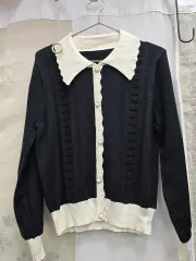 ブラック&アイボリー カラ ニット カーディガン