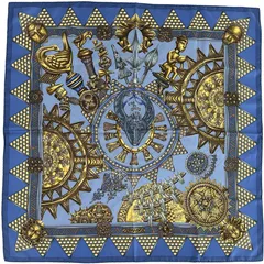 エルメス HERMES スカーフ カレ90 L'OR DES CHEFS 首長達の金 レディース ブランド シルク ブルー マルチカラー 仮面 大判 【中古】