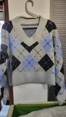 アーガイル CHECK Vネック ニット グレー