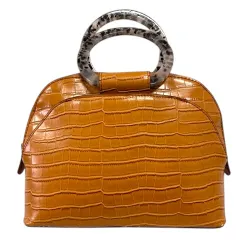 ザラ ZARA ハンドバッグ クロコダイル型押し フェイクレザー ラウンド型 ファスナー開閉 キャメル ブラウン 茶