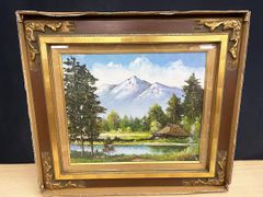 「真作」北川照生「白馬の山郷」風景画　油彩画　額装　サイン有り　F10号 真作」北川照生「白馬の山郷」風景画 油彩画 額装 サイン有り F10号