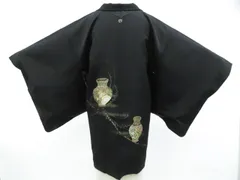 【京松】黒羽織 縫紋 金糸 絵羽柄 羽織紐別売り 正絹 着物 身丈約81cm 裄丈64cm kyo8z01-28