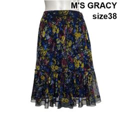 エムズグレイシー レース フレアスカート 38 ブラック 花柄 膝丈 上品