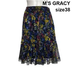◇ エムズグレイシー M'S GRACY ティアードスカート ミモレ丈 チュール 花柄プリント フレア 黒 マルチカラー 38 M 9号 レディース S6A233