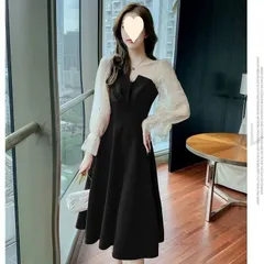 ワンピース レディース ロング丈 レース おしゃれ かわいい 長袖 Vネック チュール 切り替えワンピース ドレス ひざ丈 ハイウエスト Aライ