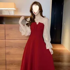 ワンピース レディース おしゃれ かわいい ワインレッド 長袖 Vネック チュール 切り替えワンピース ドレス ひざ丈 ハイウエスト Aライン 