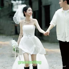ウェディングドレス ミニドレス 前短後長ドレス ビスチェ ベアトップ サテン ワンピース 二次会 結婚式 前撮り ブライダル 花嫁 ウエディン