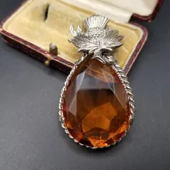 スコットランド国花 アザミ 大粒 アンバーカラー ヴィンテージ チャーム シルバートーン ペアシェイプ レトロ ペンダントヘッド Y25-U