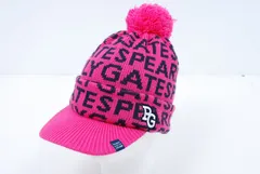 中古 パーリーゲイツ PEARLY GATES つば付ニット帽 フリー ピンク ボンボン付き ロゴ総柄