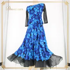 社交ダンス 衣装 スタンダード 上下セット ツーピース レッスンウェア パーティ衣装 レディース 青 黒 ブルー系 ブラック系 花柄 レース 長袖 花模様 エレガント おしゃれ フェミニン パフォーマンス ダンス衣装 上品 カジュアル 春夏 秋冬 伸縮性
