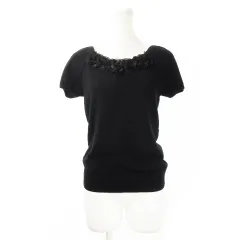 アンタイトル UNTITLED ニット セーター スクエアネック 半袖 ウール混 薄手 フリル ワンポイント ストレッチ 通勤 ビジネス 2 黒 ブラック /CK11