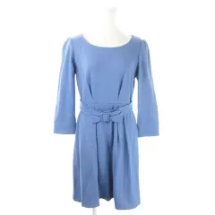 プロポーション ボディドレッシング PROPORTION BODY DRESSING ワンピース ミニ 七分袖 ストレッチ ウール ウエストマーク リボン タック 柔らか フェミニン 3 青 ブルー /AO5