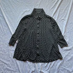 00’s ドット柄ブラウス 黒×白 水玉 シャツ 7分袖 M-L ポリストレッチ 透け感軽め Y2K フェアリーグランジ きれいめ モード ストリート
