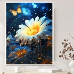 中級 フル ダイヤモンドアート キット ビーズ刺繍 マーガレット 白い花 蝶 幻想的 モザイクアート リハビリ 趣味 絵画 カラービーズ