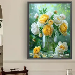 中級 フル ダイヤモンドアート キット ビーズ刺繍 黄色の花 シャクヤク ピオニー 花束 花瓶 モザイクアート リハビリ 趣味 絵画 カラービーズ