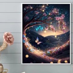 中級 フル ダイヤモンドアート キット ビーズ刺繍 花咲く丘 幻想的 蝶 バタフライ 桜 モザイクアート リハビリ 趣味 絵画 カラービーズ