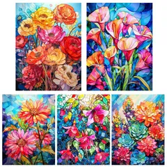 中級 フル ダイヤモンドアート キット ビーズ刺繍 花 フラワー ダリア カラー ステンドグラスタッチ モザイクアート リハビリ 趣味 絵画 カラービーズ