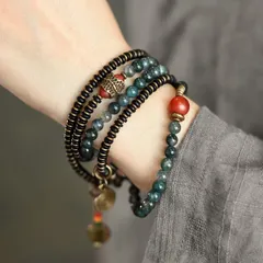 天然 水草瑪瑙 多連ブレスレット｜黒檀×真鍮ミックス｜2WAY（ネックレス兼用）｜ユニセックス4サイズ｜ 一点もの ハンドメイド 手作り プレゼント おしゃれ 誕生日 ギフトにもおすすめ レトロデザイン  SGYP225