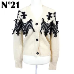 美品 Ｎ°21 ニットカーディガン カシミヤ混 36 ライトベージュ×黒 レース