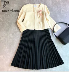 IENA イエナ シルク100% ツイードノーカラージャケット courrèges クレージュ プリーツスカート セット 9号 M相当 黒 卒業式 入学式 セレモニー フォーマル ロゴ刺繍
