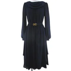 レトロ 長袖 ワンピース ロング丈 9号 紺系 ネイビー 無地 ドレープ 付襟 ギャザー ティアード 裏地 日本製