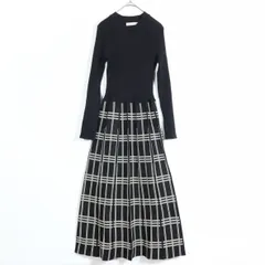 【美品】ブージュルード★スッキリ上品なシルエット♪ リブニットロングワンピース チェック サイズフリー 黒系 z17175