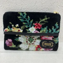 8279　良品　FEILER　フェイラー　マイディアリー　ポーチ　ティッシュ入れ付きポーチ　ティッシュポーチ　シュニール織り　タオル地　小物入れ　バニティ　マルチケース　フラット　黒　ブラック　花　フラワー　ミニポーチ　小さめ　ミニ