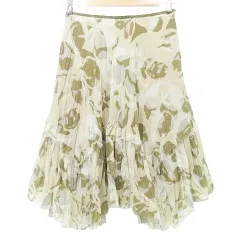 インディヴィ INDIVI 総柄 ひざ丈 スカート フレア 日本製 38 Mサイズ カーキベージュ系 ■GY99