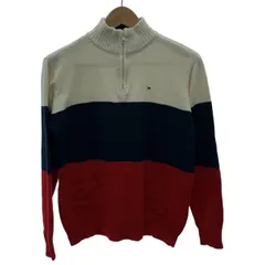 TOMMY HILFIGER　セーター　長袖　ニット　トップス　プルオーバー　ハイネック　ボーダー　ワンポイント　刺しゅう　インポート　古着
