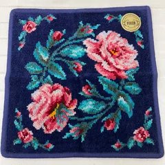 395　美品　FEILER　フェイラー　ハンカチ　 ハンドタオル　ショシャナ　花柄　 ラメ　ネイビー系　紺　シュニール織り　 シール付き　レディース