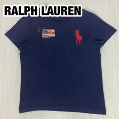 POLO BY RALPH LAUREN ポロバイラルフローレン ビッグポニー 半袖Tシャツ M ネイビー 濃紺 星条旗ワッペン 刺繍ロゴ プリントロゴ 着丈65cm 肩幅44.5cm 身幅(脇下)51cm 袖丈18cm【古着】