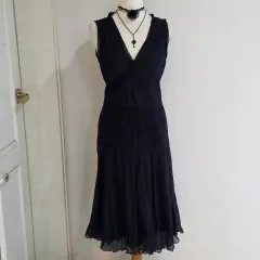 日本xヨーロッパ ヴィンテージ) ブラック シフォン レース プリーツ ゴシック シャーリング サテン ロマンティック ロング丈ワンピース