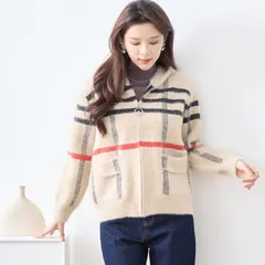 ★最終セール価格￥3,500★残り1点【TRUBE】チェック柄フードデザインシャギーニットジャケット ベージュ  M〜L (R32-314B) レディース パーカー フード付き アウター カジュアル 大人可愛い きれいめ 秋 冬 春 ママ