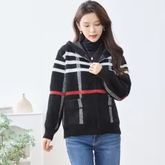 ★SALE★現品限り★【TRUBE】チェック柄フードデザインシャギーニットジャケット ブラック M〜L ( R32-314B) レディース パーカー フード付き アウター カジュアル 大人可愛い きれいめ 秋 冬 春 ママ 20代 30代 40代 50代