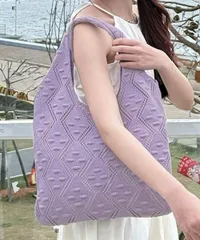 【４色】ニット トートバッグ おしゃれ 大きめ a4対応 無地 レディース★ワンショルダーバッグ 折りたたみ 肩掛け 大容量 白茶紫青